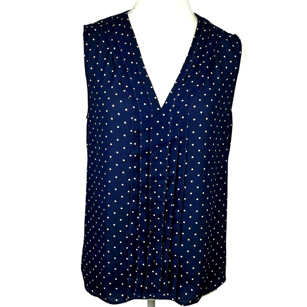 Ann Taylor Blouse Blue with White Polka Dots Sleeveless V Neck Womens Size Small